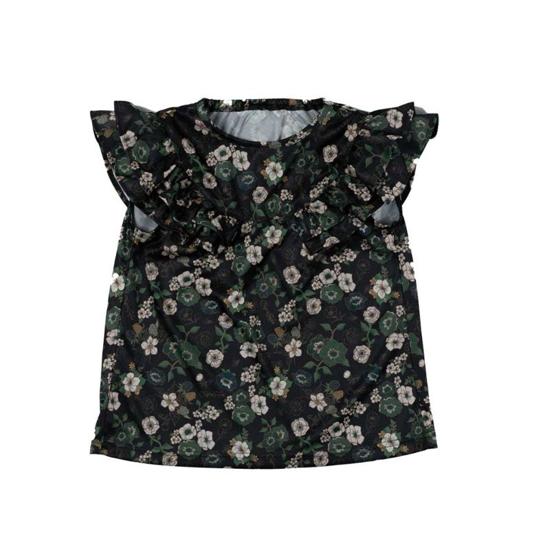 ノースリーブ フリル プリントTシャツ (Black)