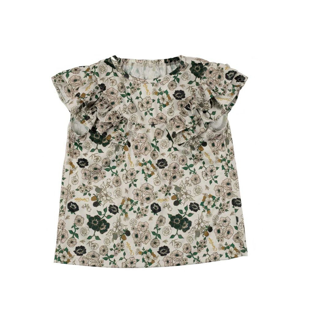 ノースリーブ フリル プリントTシャツ (Ivory)